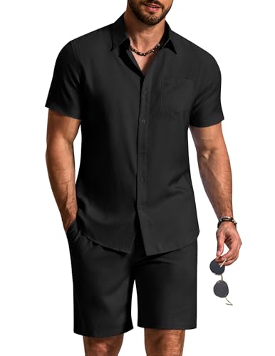 COOFANDY Mens Summer Beach Outfits 2 Piece Short Sleeve Shirts and Shorts Casual Vacation Sets for Men