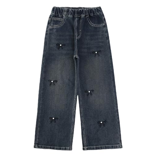 Wide Leg Jeans for Girls Elastic Waist 𝗩intage Bow Embroidery Pearl Denim Pants 𝗬2K Streetwear Casual Trousers