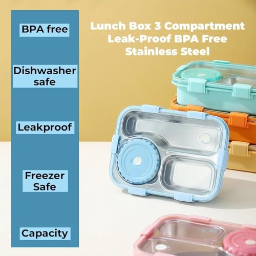Image of Storescent Lunch Box 3 Compartment Leak-Proof BPA Free Stainless Steel, Lunch Box for Kids, Lunch Box for School & Office with a Fork, a Spoon and a Pair of Chopsticks, 750 ml (Blue)