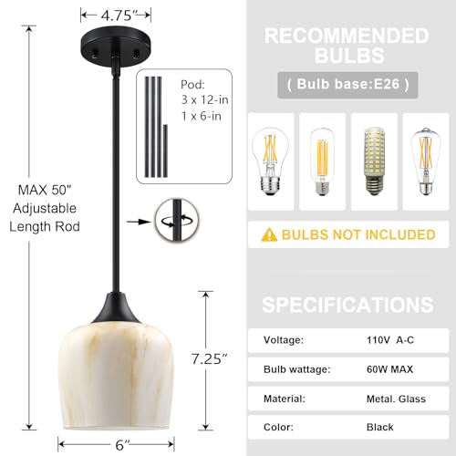 Leading Lighting 3 Pack 1 Light Indoor Hanging Kitchen Island 6.1 Inch Alabaster Glass Pendant Light Fixtures,Black Finish Modern Farmhouse Dinning Over Sink thumb #1