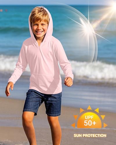 Image of Boys Rash Guard Long Sleeve Hoodie Swim Shirt with Pocket Youth Kids UPF 50+ Sun Protection Fishing Shirts Thumb Hole