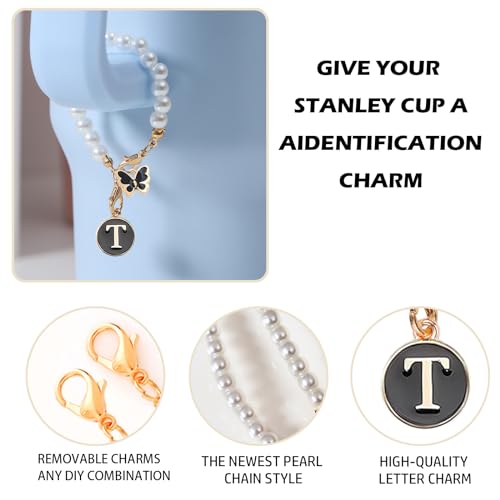 Image of Letter Charm for Stanley Cup,Pearl Chain Accessories Stanley Cup Initial Charms for Handle Stuff Decor Water Bottle Jewelry Tumbler Cute Personalized Name ID Decorations Black Tag (T)