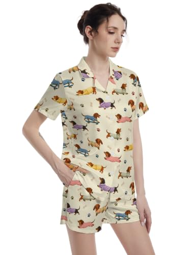 Image of Funny Pajamas for Women Set Print Satin Loungewear Pjs Short Sleeve Button Down Top and Shorts Sets Sleepwear XS-3XL