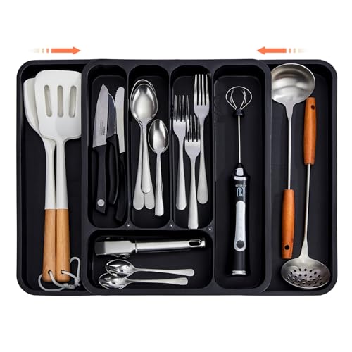 Gymdin Organizador Cajón Cubiertos, Cubertero Plástico Expandible, Caja de almacenamiento plegable, Portacubiertos, Organizador Cajón Utensilios, 7 Compartimentos, Negro