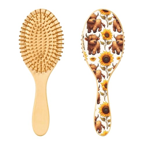 SLHKPNS ヘアブラシ 頭皮のマッサージ用もつれ解消ブラシ ハイランド牛 ひまわり 絡まないヘアブラシ すべての髪タイプ 女性 男性 女の子 男の子 木製の髪 デタングラー かわいい牛