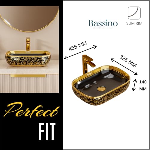 Image of BASSINO 18x13x5.5 Inches Table Top Washbasin /1 Year Warranty /Ceramic Wash Basin for Bathroom /Rectangular Shape Counter Top Wash Basin for Dining Hall /Living Room /Vessel Sink(Glossy Black & Gold)