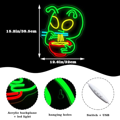 Image of Cute Ramen Alien Neon Sign Colorful Led Lights Green Neon Signs for Wall Decor USB Light Up Sign Neon Signs for Restaurant Dinning Room Japanese Noodle Shop