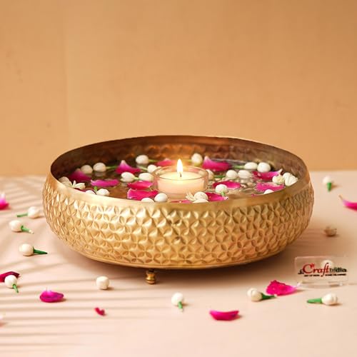 Image of eCraftIndia Floral Designer Golden Brass Urli Bowl for Home Decoration Office Tv Unit Kitchen Showpiece for Good Luck | Urli for Living Room Diwali Gift