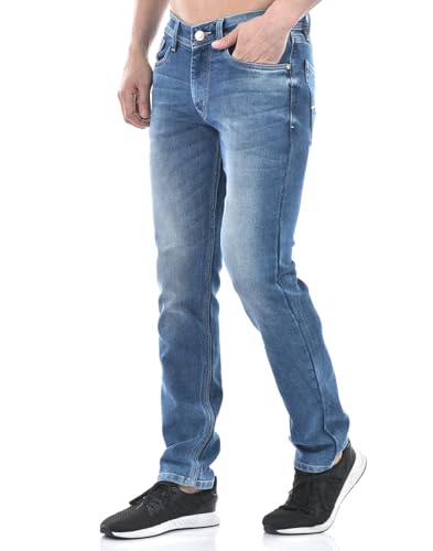 Image of Numero Uno Men Solid Blue Denim Tapered Fit Jeans