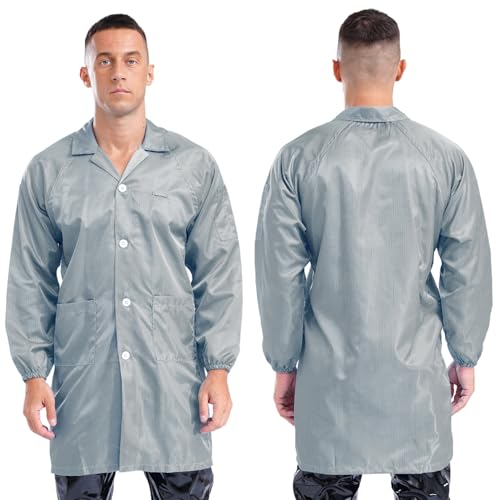 Image of YiZYiF Men Professional Lab Coat Long Sleeve Resistant Mechanical Dustproof Work Coat Overall Uniform