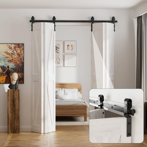 183cm/6FT Rail Porte Coulissante Pliante Kit Roulette Suspendue Systeme Noir pour 4 Porte Coulissante Interieur 44cm Large