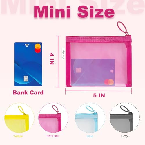 Mini Mesh Pouches(4 Pack), Small Mesh Bags with Zipper Nylon Makeup Pouches Bag Cosmetic Pouch Travel Purse Organizer Insert Diaper Inside Bag Organizers Home Organizing Size See Through Cute Colors2