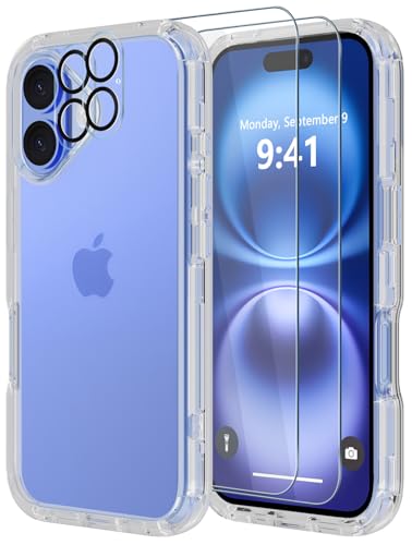 Image of Diverbox for iPhone 16 Plus Case [Shockproof] [Dropproof] [Tempered Glass Screen Protector + Camera Protectors] Heavy Duty Protection Phone Case Cover for Apple iPhone 16 Plus (Clear)