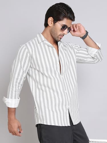 Image of Indian Needle White Stripes Cotton Regular Fit Men's Casual Shirt (White, S)