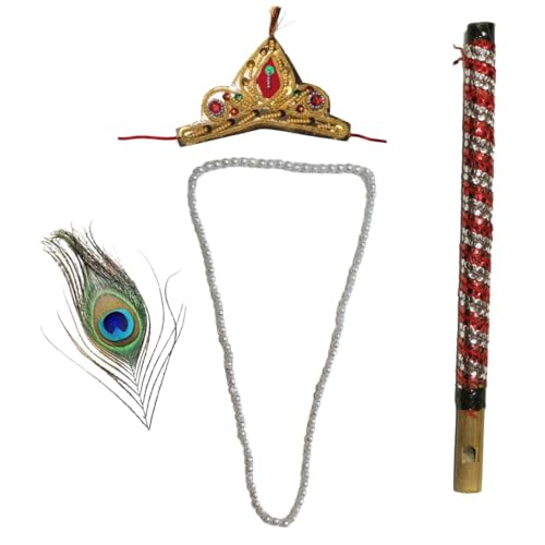 Image of Kaku Fancy Dresses Krishna Jewellery Combo Set for Kids - Includes Mala, Mukut, Bansuri & Mor Pankh - Janmashtami Costume Accessories