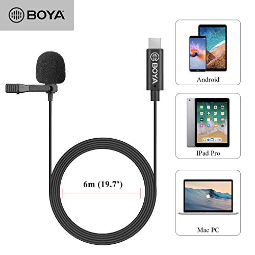 BOYA BY-M3 Micrófono de solapa omnidireccional con clip para dispositivos USB-C Android (longitud del cable de 236 pulgadas)
