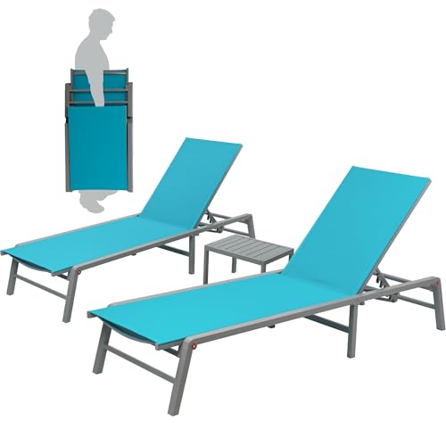 Kozyard 3 Packs Lounge Chair Outdoor Set Foldable Outdoor Lounge Chair with 5 Adjustable Backrest, Patio Lounger, Recliner and Full Flat Chairs for Patio, Beach, Pool (2 Aqua Textilence W/Table)