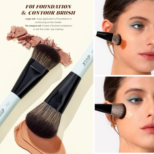 Image of Jessup Face Makeup Brushes with Makeup Sponge, 3pcs Double Ended Makeup Brush for Foundation Contour Blush Highlight and Concealer Brush, Premium Synthetic Brush Set with Gift Box, T510