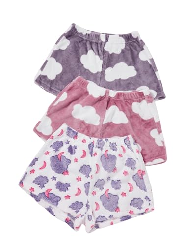 Verdusa Women's 3 Pieces Fuzzy Pajama Shorts Cartoon Graphic Flannel Sleep Pj Lounge Bottoms