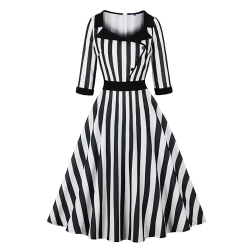 Wellwits Women's Collared Stripe 3/4 Sleeves Vintage Work Dress