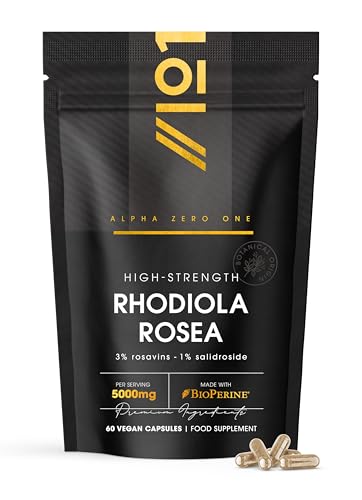 Rhodiola Rosea Extract 5000mg - 3% Rosavins 1% Salidroside - 60 Vegan Capsules Made with BioPerine for Enhanced Absorption By Alpha01