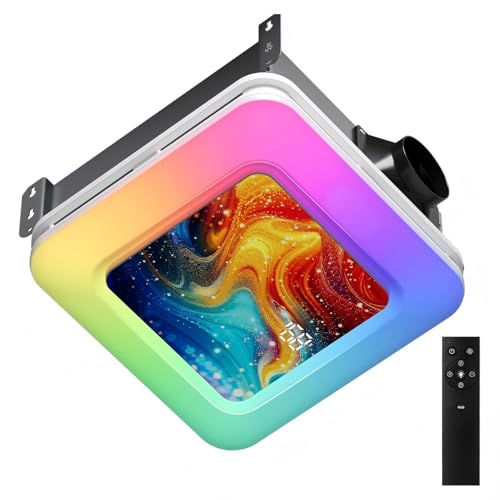 Image of Bathroom Exhaust Fan with Humidity Sensor, 230 CFM 1.0 Sone Ventilation Fan, 3 Dynamic Light and 3CCT Light (2700-4500-6500K), 11.22 inch x 11.22 inch Mount, Remote Control (Aurora Iridescence)
