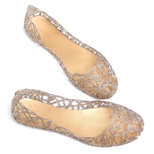 Image of Stunner Women Beach Jelly Shoes Slip On Crystal Summer Hollow Ballet Flats | Summer Cool PVC Breathable Outdoor Indoor Dressy Flat Sandals for Holiday Shopping Spa Swimming Pool