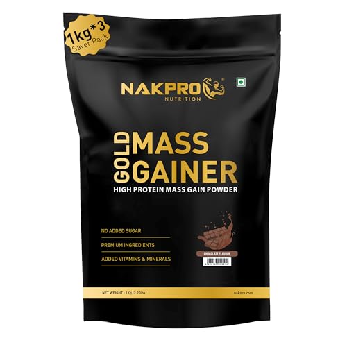 Nakpro Gold Mass Gainer Powder 3Kg, Chocolate| Lean Muscle Whey Protein Mass Gainer | 21g Protein, 68g Carb, 372 Calories Per Scoop for Muscle Support & Muscle Mass Gain