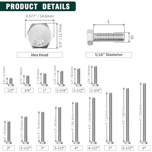 Image of (10 Sets) 5 /16-18 x 1 /2 inch Hex Bolt and Nut Kit, 304 Stainless Steel (18-8), Fully Threaded, Flat & Lock Washers Included