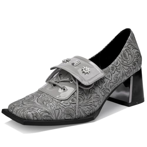 Image of Loafers for Women Patent Leather Buckle Square Toe Chunky Block Dress Slip On Wide Casual Comfortable Dressy High Heels Ladies Comfort Moccasins Elegantes 2 Inch Shoes