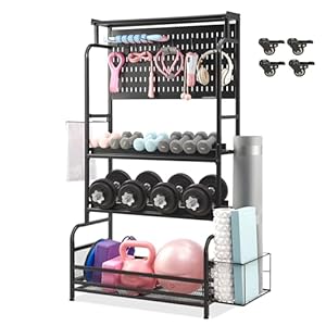 63” Taller Home Gym Storage, Large Yoga Mat Storage with Hanging Board, Exercise Workout Equipment Storage for Home Gym, All-in-One Dumbbell, Kettlebell, Resistance Band Rack with Wheels and Hooks