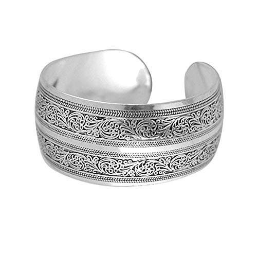 EASTCODE Charming Tibeten Silver Carved Spiral Flower Connecting Branches Pattern Wide Band Open Cuff Bracelet Bangle