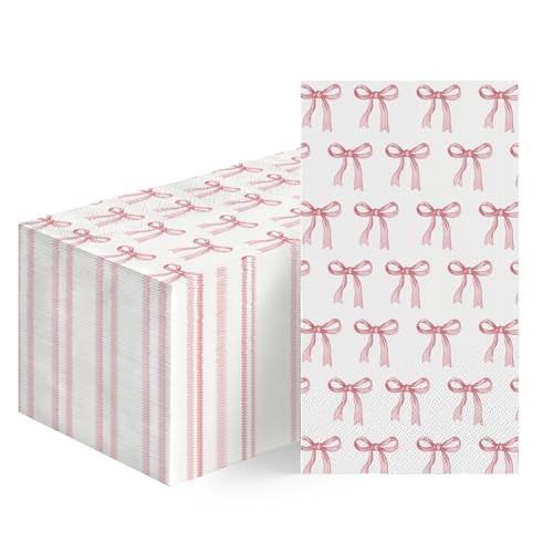 Horaldaily 100 Valentine Disposable Paper Decorative Guest Napkins Pink Bow Sweet Hand Towel for Baby Shower Party Lunch Dinner Kitchen Bathroom