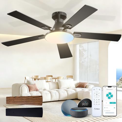 Amico Ceiling Fans with Lights, 52 inch Smart Ceiling Fan with Remote/APP/Alexa Control, Flush Mount, Reversible DC Motor, 5 Blades, 6 Speeds, 3CCT, Dimmable, Noiseless, Bedroom, Living Room, Black