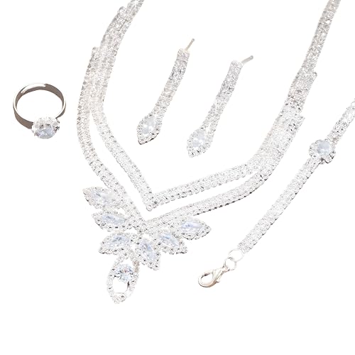 Pulsera y pendientes de boda con juego de joyas de cristal y collar de 38 cm