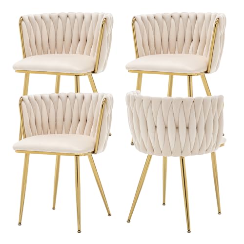 ECHINGLE Velvet Dining Chairs Set of 4, Modern Upholstered Woven Dining Chairs with Gold Metal Legs,...