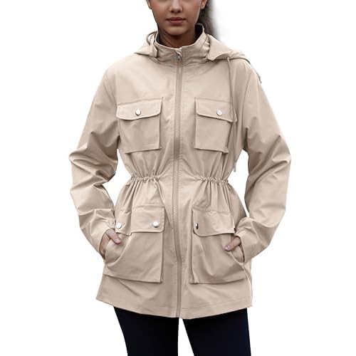 PESION Womens Packable Military Utility Raincoat Outerwear Waterproof Windbreaker Cargo Jacket for Outdoor Travel Hiking Khaki Extended Small
