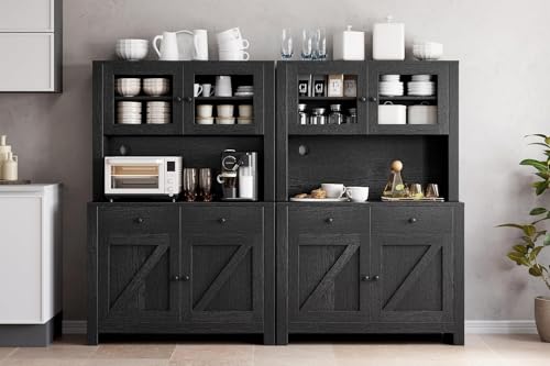 GarveeHome Kitchen Pantry Cabinet with Microwave Stand, Freestanding Hutch Cabinet with Buffet Cupboard, Tall Kitchen Cabinets with Adjustable Shelves for Dining Room, Black