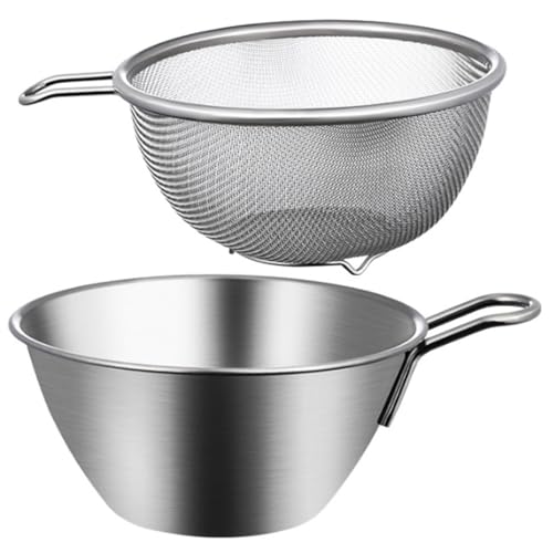 BESTonZON Stainless Steel Colander with Mixing Bowl, 1 Set Steel Strainer Basket Colander Filter Stainless Steel Mixing Bowl, Strainer for Kitchen Food for Washing Vegetables, Fruit, Rice, Dishwasher