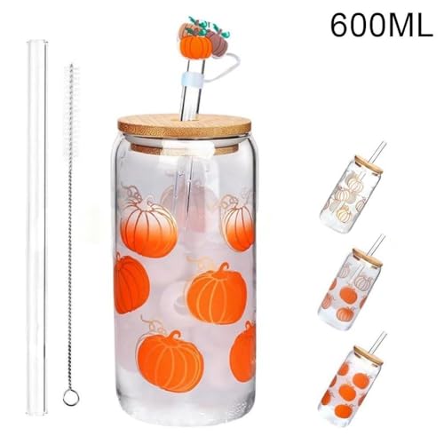 透明ガラ グラスコップ クリスマス グラス 花柄 かぼちゃ 絵柄 マグカップ 蓋付きとストロー 3点セットアイスカップ ガラスのジュースカップ