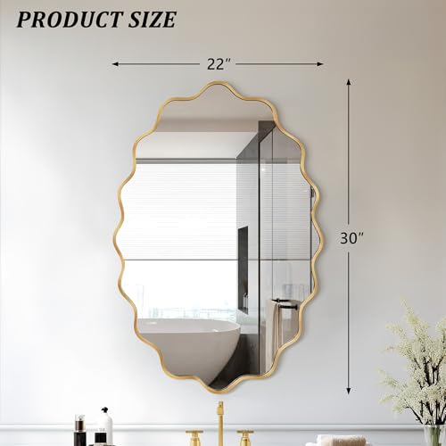 Image of Oval Wavy Wall Mirror -Irregular Wall Mirror with Gold Asymmetrical Aluminum Alloy Frame,22 inchx30 inch Decorative Wall Mirrors for Bathroom, Bedroom, Living Room, Dining Room,Entryway