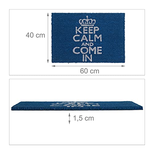 Relaxdays Fußmatte Kokos KEEP CALM 40 x 60cm Kokosmatte mit rutschfester PVC Unterlage Fußabtreter aus Kokosfaser als Schmutzfangmatte und Sauberlaufmatte Fußabstreifer für Außen und Innen Matte, blau