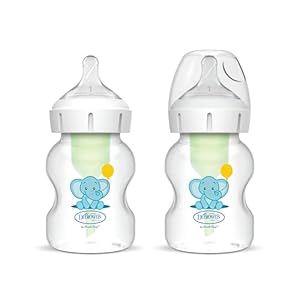 Dr Brown’s Natural Flow® Anti-Colic Options+™ Wide-Neck Baby Bottle, 5oz/150ml, with Level 1 Teats, 2-Pack, Elephant