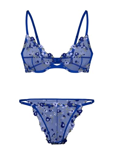 Image of Lilosy Sexy Floral Embroidered Mesh Sheer Underwire Lingerie Set