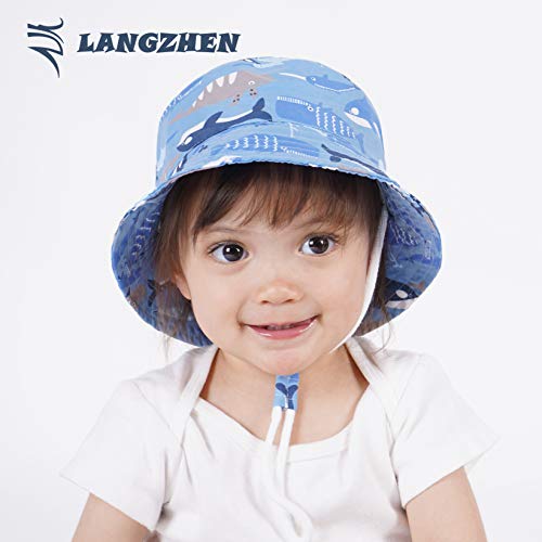Image of LANGZHEN Sun Protection Hat for Kids Toddler Boys Girls Wide Brim Summer Play Hat Cotton Baby Bucket Hat with Chin Strap