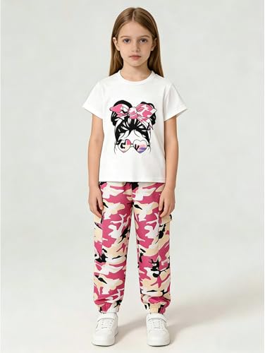 Image of Girls 4 Pieces Outfits Short Sleeve Printed Tee Tops and Pants Set 4-12Y