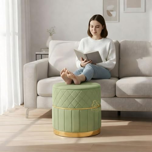 Image of Set of 2 Round Velvet Ottoman Footstool Gold Base - Tufted Upholstered Pouffe Stool for Living Room, Bedroom & Dressing Area (Pista Green)
