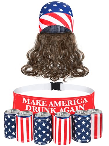 BOARDFEB 2 Pcs Fourth of July Patriotic Beverage Belt Holder and Mullet Headband Wig Costume Set Outfit Accessories Unisex Themed USA Americana Flag Gift