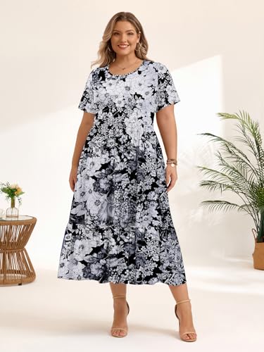 Image of LARACE Plus Size Dresses for Women Summer Casual Short Sleeve Long Dress Flowy Maxi Beach Dresses with Pockets L-6XL
