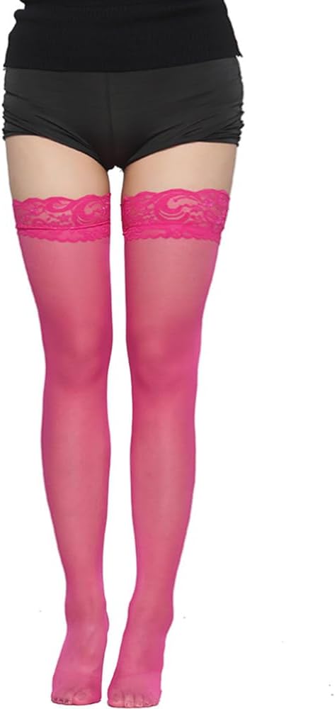 Pink Thigh High Stockings for Women Sexy Lace Top Stockings Stay Up with Silicone Thigh High Nylons Silk Sheer Tights Lingerie for Women - Image 8